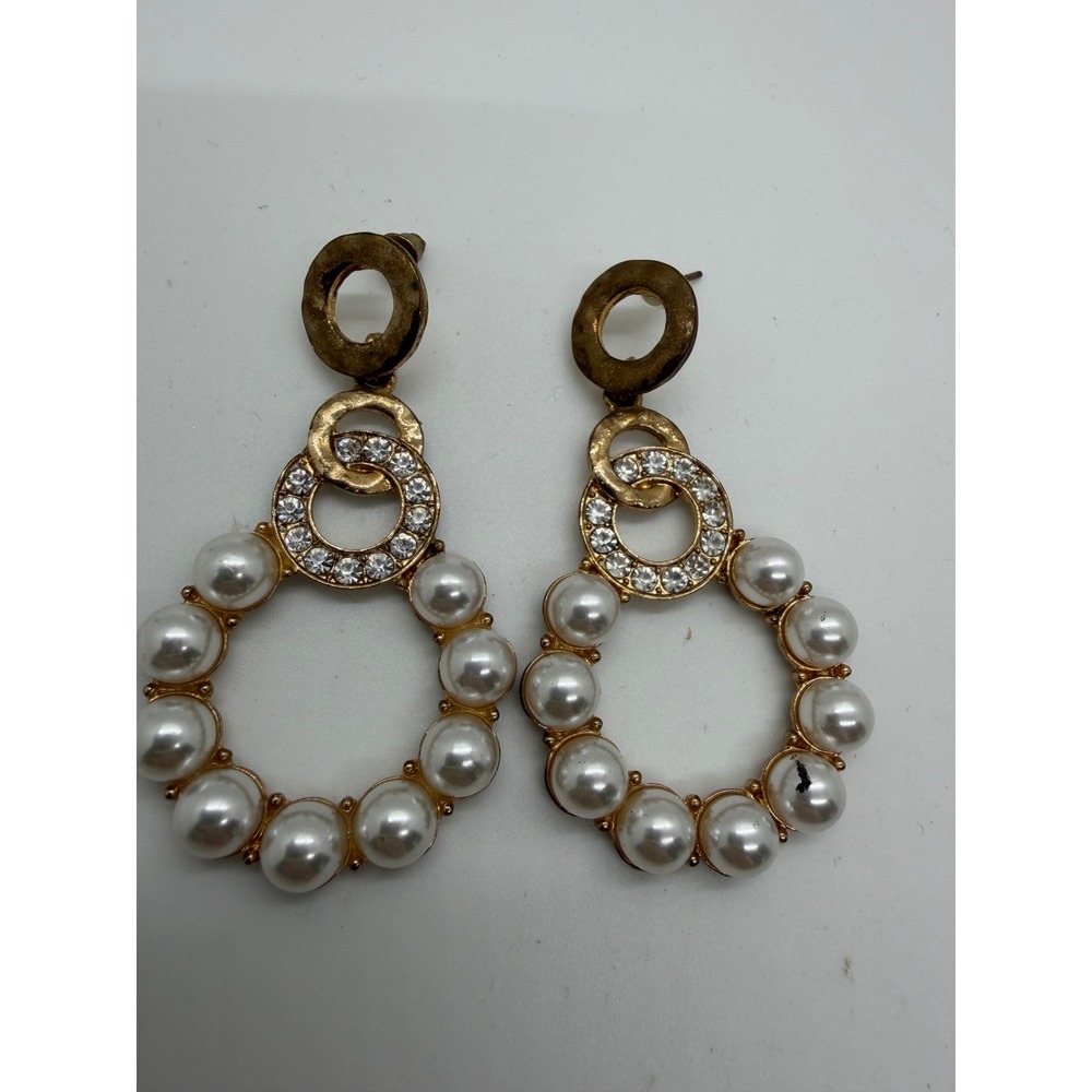 Gold Tone Faux Pearl Rhinestone Tiered Circle Drop Statement Earrings Womens